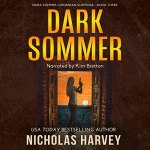 Dark Sommer Audiobook Cover featuring a women holding a gun who is framed by what looks to be a window. There is an orange hued sunset behind her.
